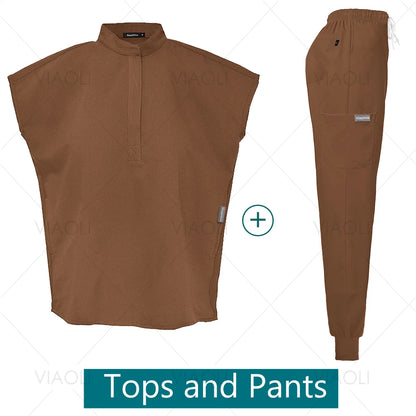 Scrubs Uniforms Sets Medical Nursing Hospital Working Clothes Solid Color Surgical Gowns Breathable Scrub Top Joggers Pants Suit