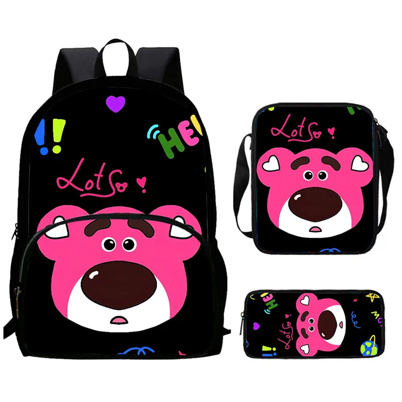 Child School Backpack with Front Pocket,Shoulder Bag,Pencil Bag for Aged 5-10,Cartoon Strawberry Bear School Bags for Boys Girls