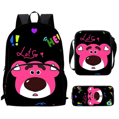 Child School Backpack with Front Pocket,Shoulder Bag,Pencil Bag for Aged 5-10,Cartoon Strawberry Bear School Bags for Boys Girls