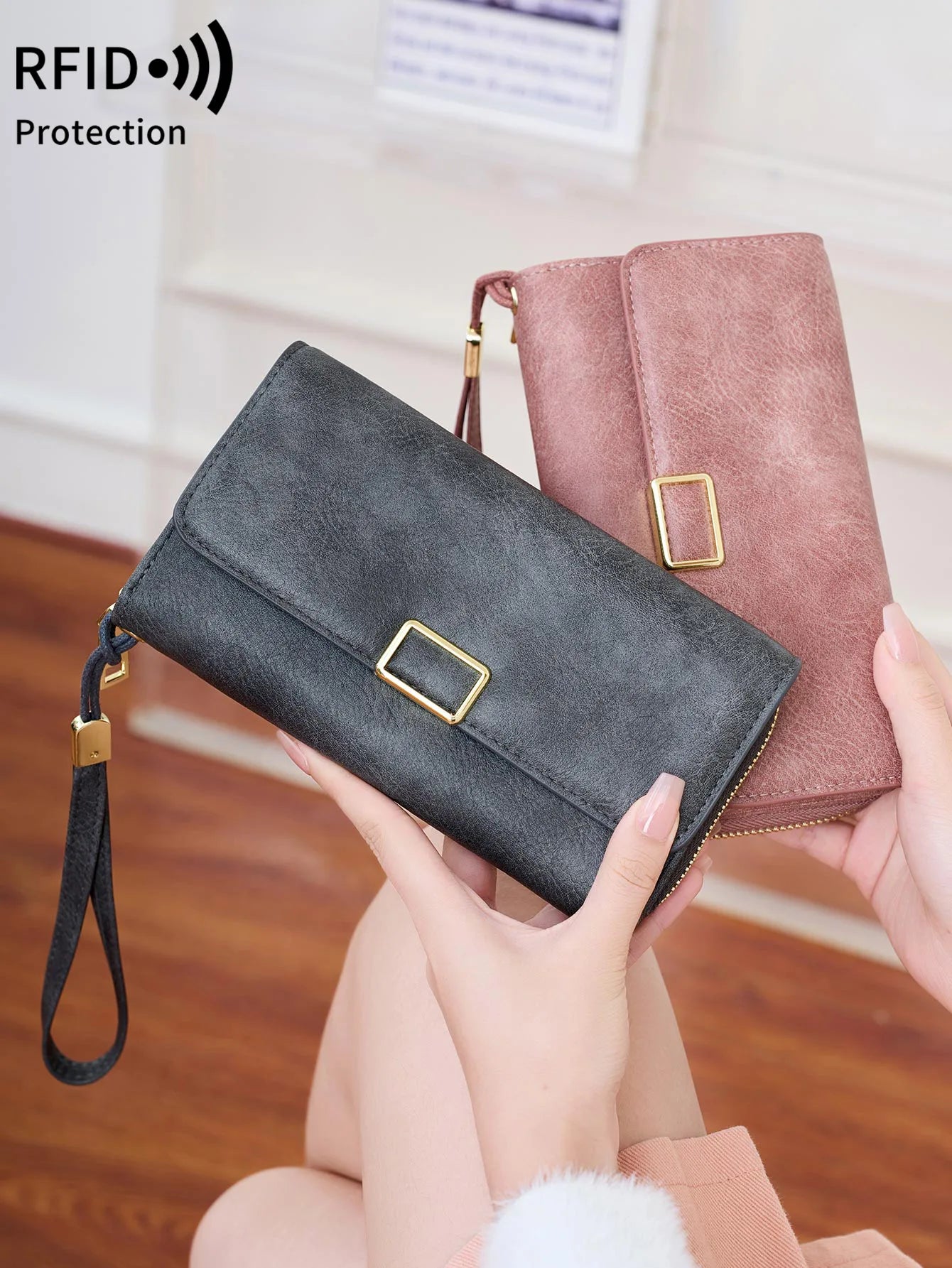 RFID Blocking Women's Wallet Large Capacity Credit Card Holder Clutch Bag Trifold Large Capacity Zipper Long Wallet Coin Purse