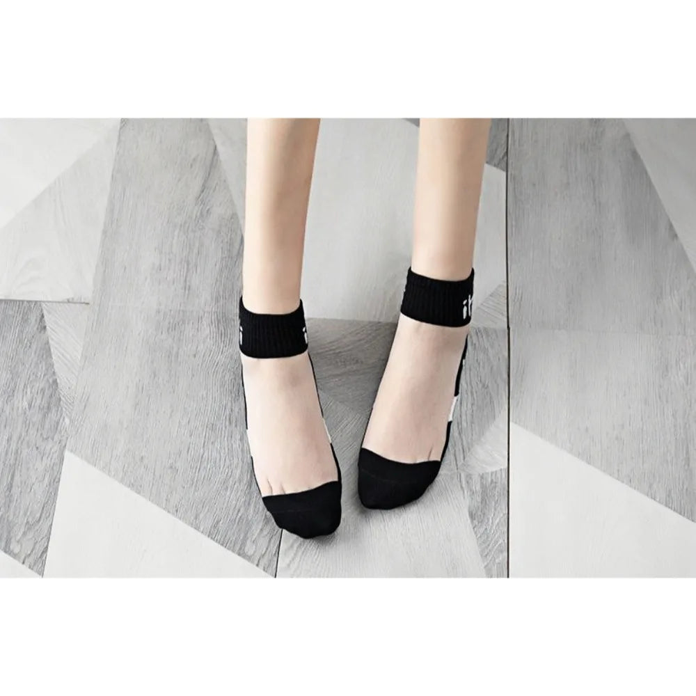 5Pairs Black and white cat women's socks, glass fiber breathable sweat absorbing , wear-resistant and odor proof summer socks