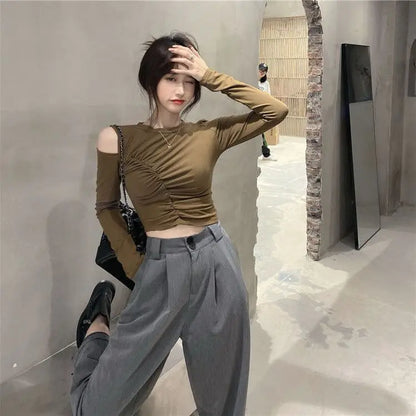 Women's T Shirts Off Shoulder Tees Sexy Plain Slim Black 2024 Tshirts 2000s Trend Female Tops Cool Wholesale Clothes Alt New In