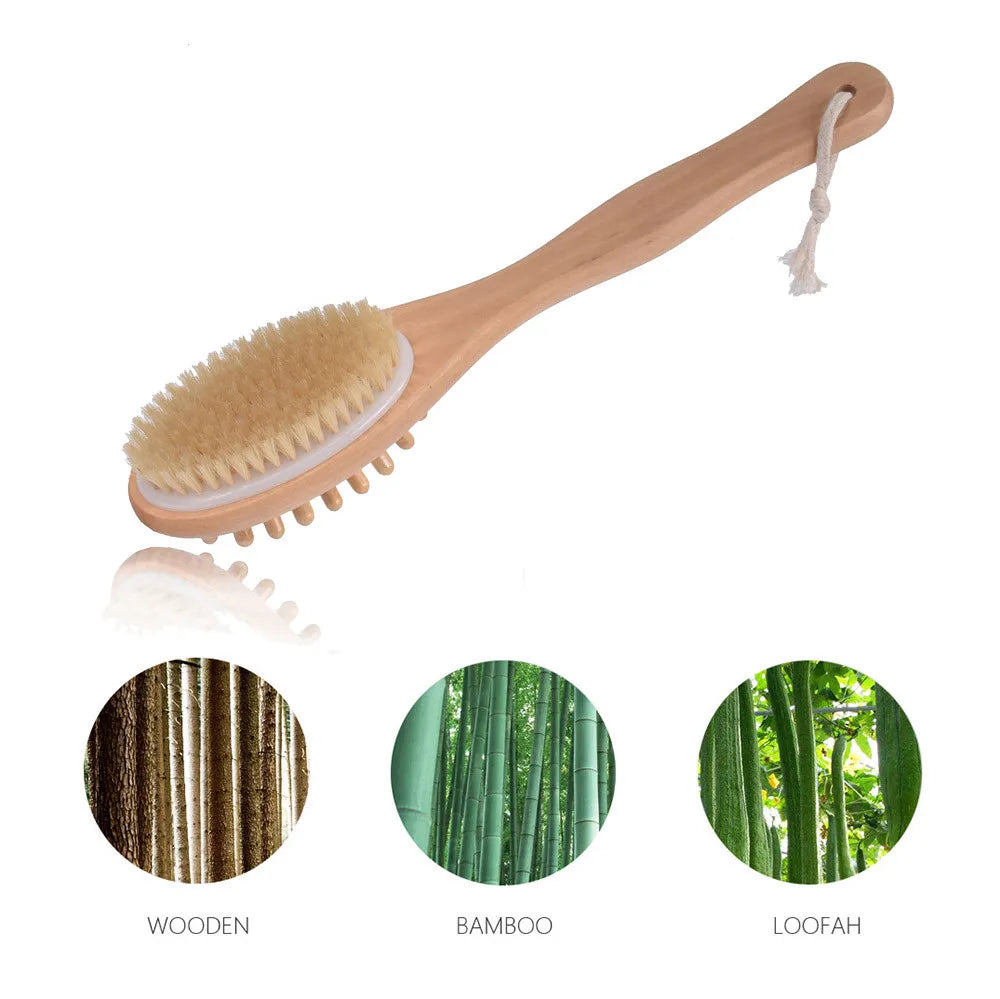 Bath Blossom Bamboo Body Brush for Back Scrubber Natural Bristles Shower Brush with Long Handle Dry Brushing