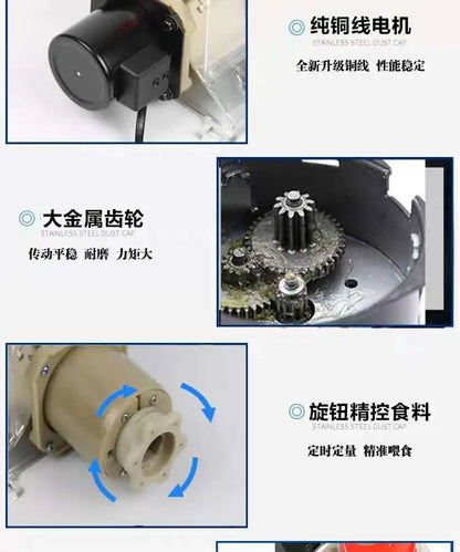 Pet feeder, fully automatic timed feeding, 12 volt DC discharge machine, remote for chickens