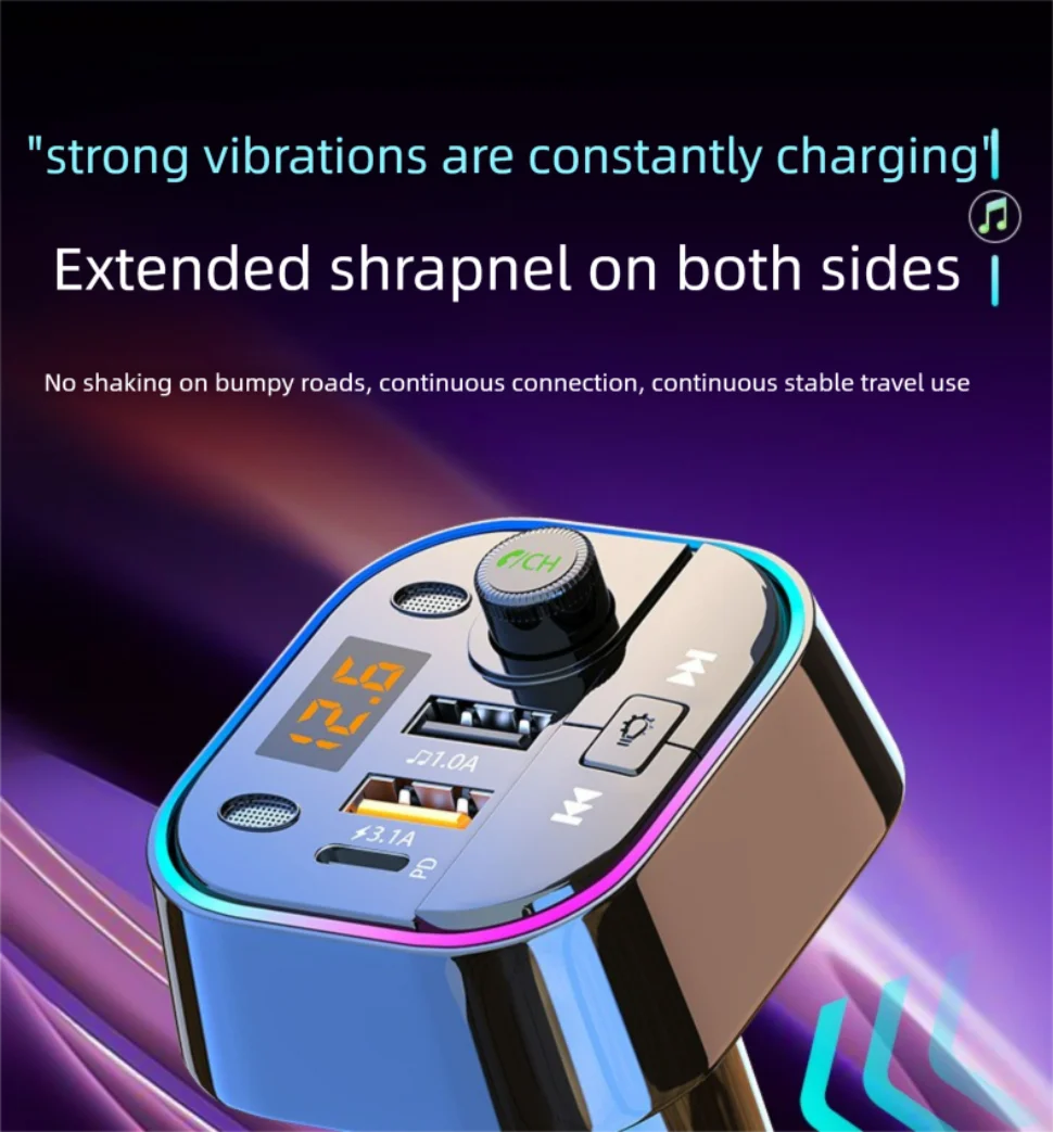 Bluetooth 5.0 Car FM Transmitter Car Bluetooth Receiver Ambient Hands-Free Mp3 Player Dual USB Fast Charger 5.0 Audio Adapter