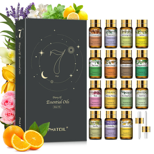 PHATOIL 15 Bottles Essential Oils Set-5ml Lavender Eucalyptus Vanilla Peppermint Rose Lemon Cinnamon Aromatherapy Essential Oils