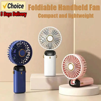 Handheld USB Mini Fan Foldable Portable Neck Hanging Fans 5 Speed Usb Rechargeable Fan With Phone Stand And Display Screen New