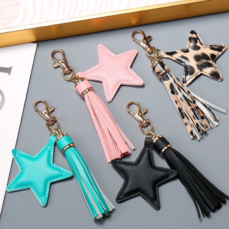 Fashion PU leather Tassel Key Chain for Women Girl Star Pendant Lobster Clasp Key Rings Bag Accessories