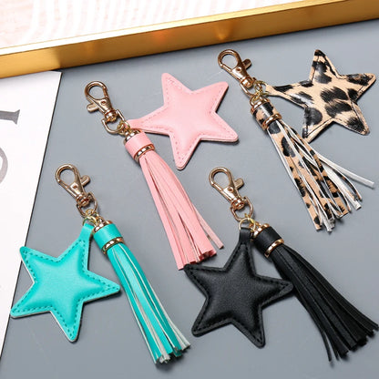 Fashion PU leather Tassel Key Chain for Women Girl Star Pendant Lobster Clasp Key Rings Bag Accessories
