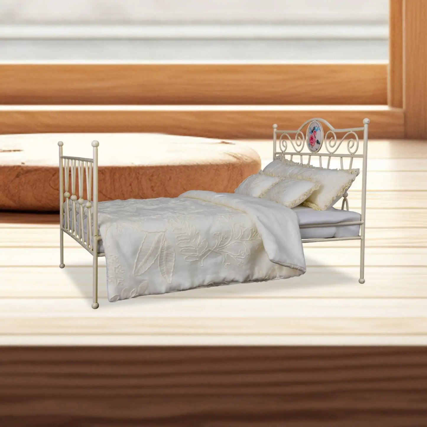 1/6 Dollhouse Iron Bed Simulation Twin Bed with Mattress Miniature Furniture Room for DIY Model Home Life Scene Layout Role Play