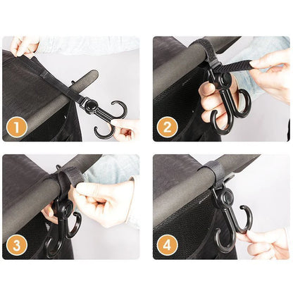 Double Hook Baby Stroller Hanger 360-degree Rotation Adjustment Cart Hook and Loop Fastener Stroller Accessories