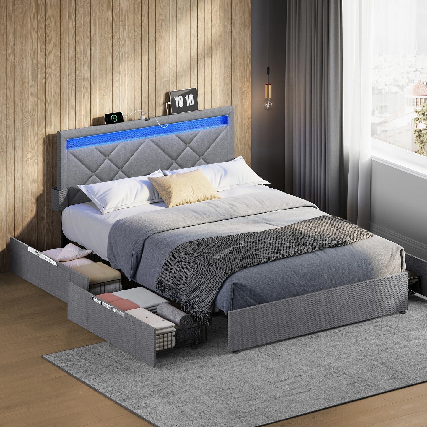 VASAGLE Upholstery bed double bed frame bed frame Metal bed (LED, 4 drawers, charging station