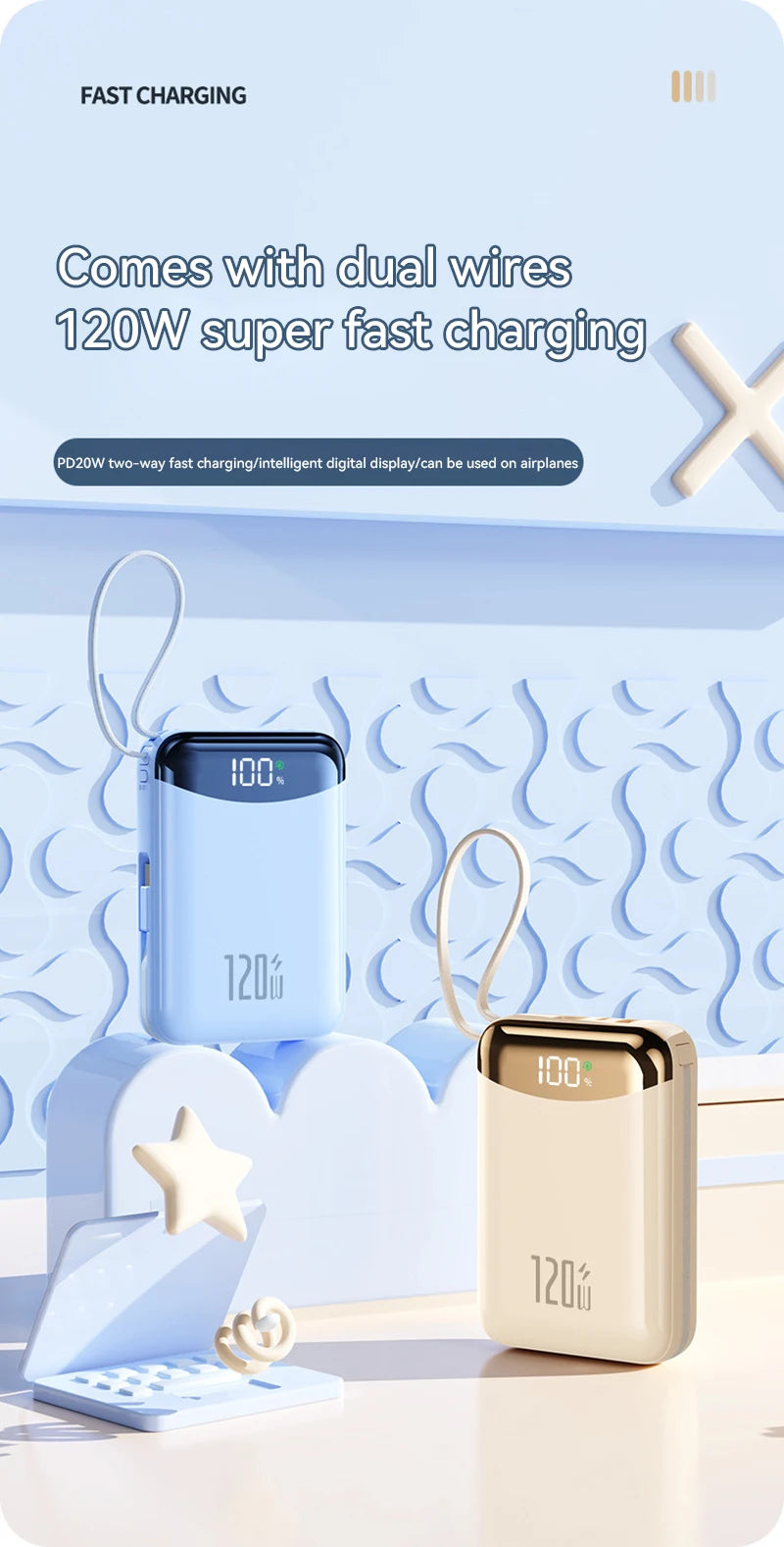 120W Power Bank With Charging Cables 100000mah Large Capacity Portable External Battery For Multi Phones Emergency Supply