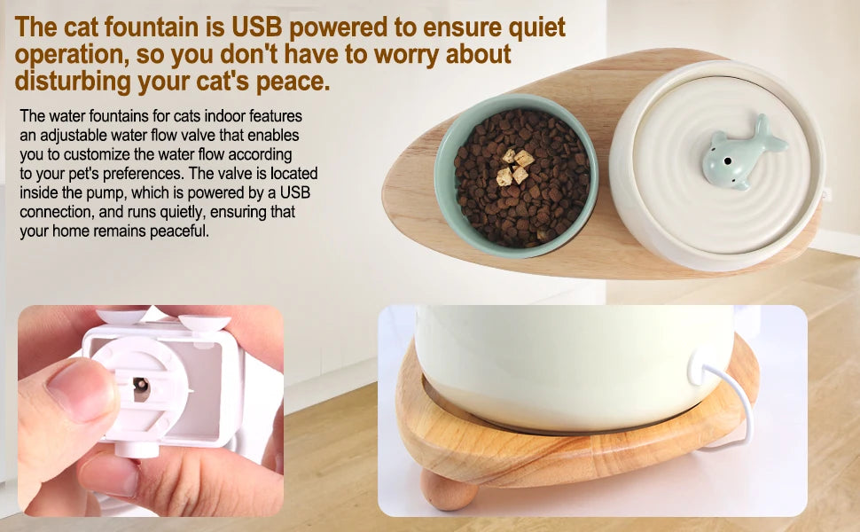 1.3L Ceramic Cat Fountains for Drinking, Anti-burn Cat Water bowl with 1 wooden mat USB Automatic Water Dispenser for Cats