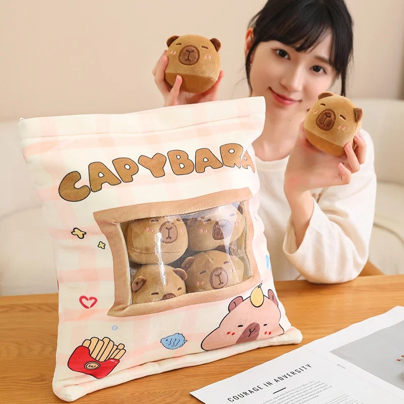 A Plushies Bag Pudding Toys Puff Balls Mini Cute Stuffed Animal Capybara Doll Removable Set Plush Pillow Snack Cushion Kids Gift