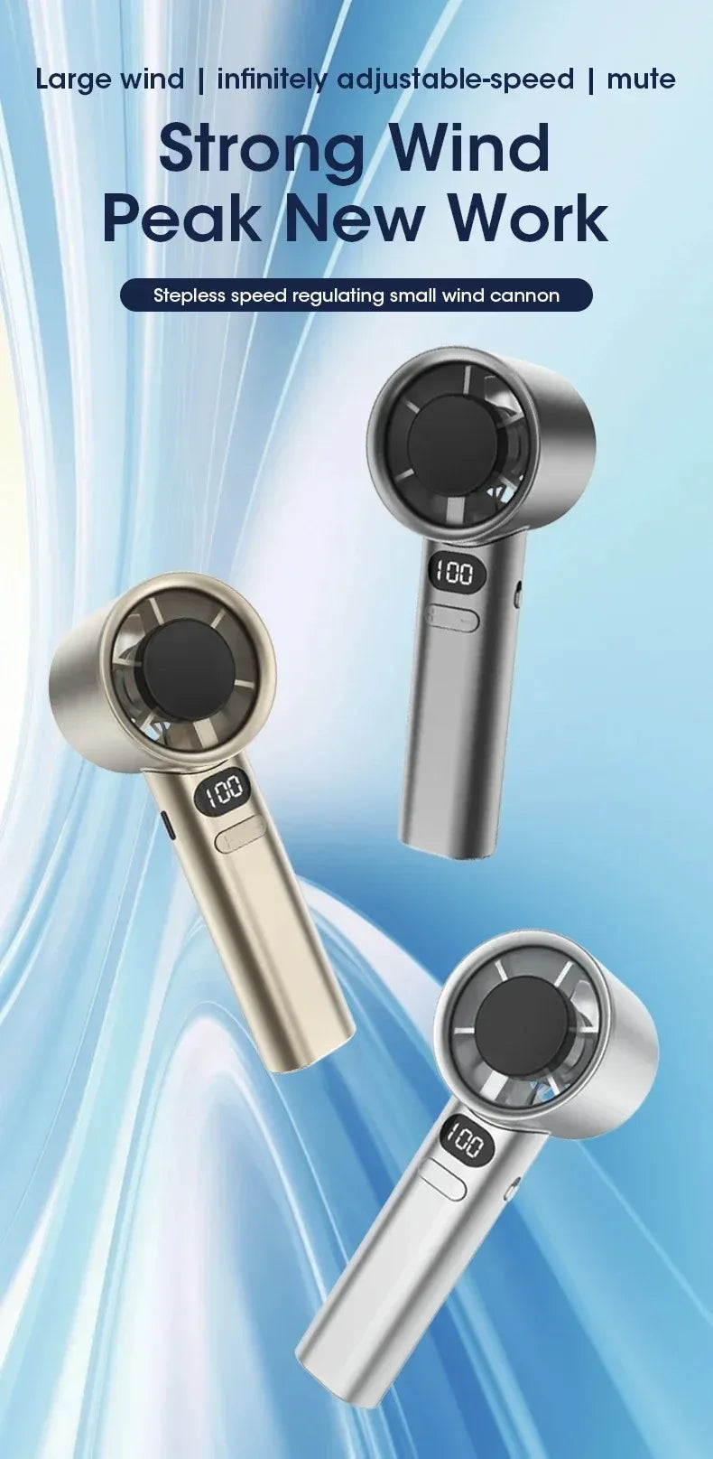 Mute Handheld Fan Mini Personal Highspeed Fan Portable Electric Fan USB Rechargeable 120 Gear Handheld Fan With Power Display