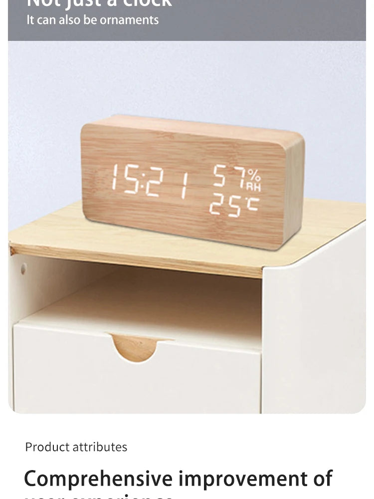 Digital LED Wooden Alarm Clock, Desk Clock, Voice Activated, Electronic Desktop Clock, Luminous Silent Alarm Clock