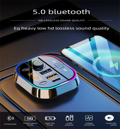 Bluetooth 5.0 Car FM Transmitter Car Bluetooth Receiver Ambient Hands-Free Mp3 Player Dual USB Fast Charger 5.0 Audio Adapter