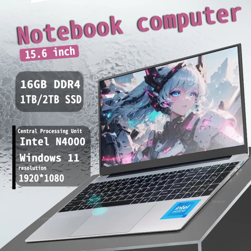 2025 New Notebook PC Windows 11 Gamer 15.6" Ultra Slim Laptop Intel Celeron N4000 16GB RAM 1TB 2TB SSD Office Study Computer PC