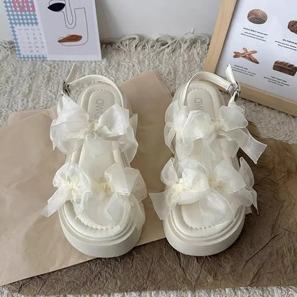 Women's Layered Bow Platform Sandals - Thick Cushioned Sole with Adjustable Ankle Buckle for Summer Casual Wear