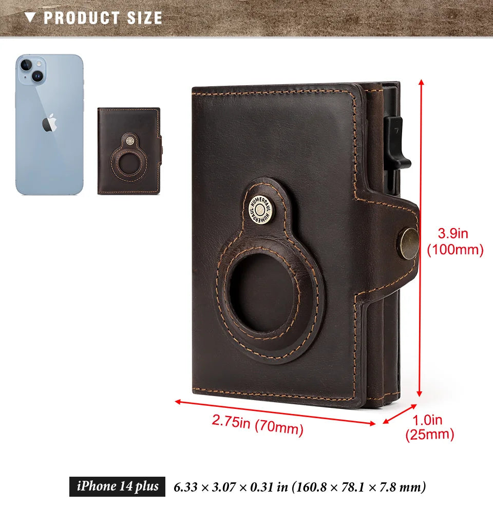 Cowhide Leather Men's Wallet RFID Blocking Protect Cardholder Automatic Card Case for Women with Apple AirTag Holder