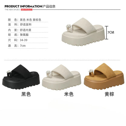 7cm Shiny Rhinestone High Platform Slippers Women Butterfiy-Knot Heels Chunky Sandals Woman Summer Thick Bottom Wedges Slides