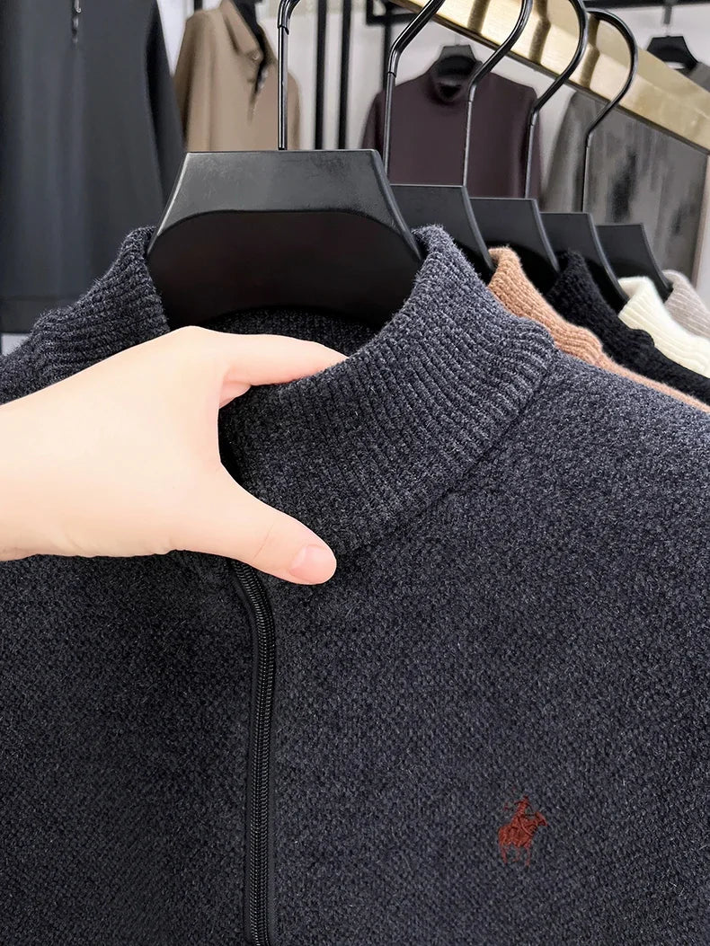 Winter Men's Ferret Fleece Embroidered Zipper Stand Up Collar Head Knitwear Plush Thick Soft Sweater  Mens Clothes  Pull Coreen