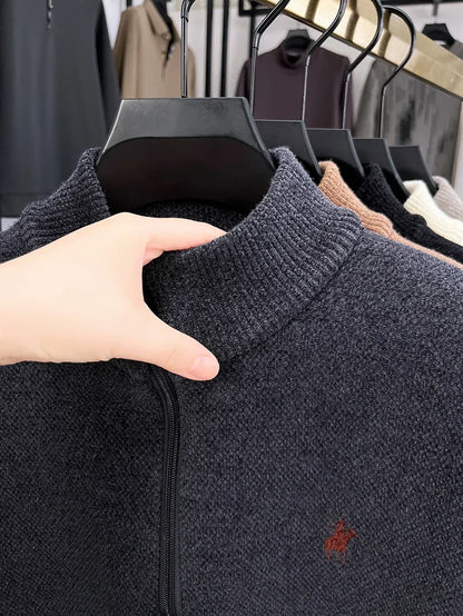 Winter Men's Ferret Fleece Embroidered Zipper Stand Up Collar Head Knitwear Plush Thick Soft Sweater  Mens Clothes  Pull Coreen