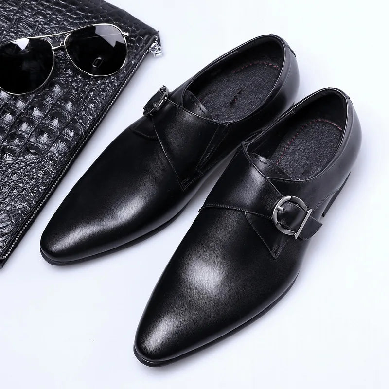Men's Pointed Toe Business Leather Shoes Comfortable Wear Shoes Metal Buckle Men's Shoes Dress Shoes Men Wedding Shoes Sz 39-48