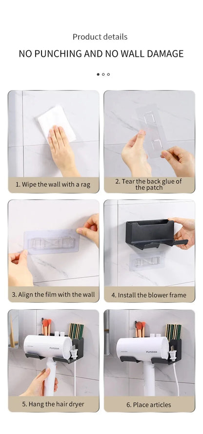 Wall Mounted Hair Dryer Holder for Bathroom Shelf Hair Dryer Storage Rack Plastic Hair Dryer Stand Bathroom Organizer
