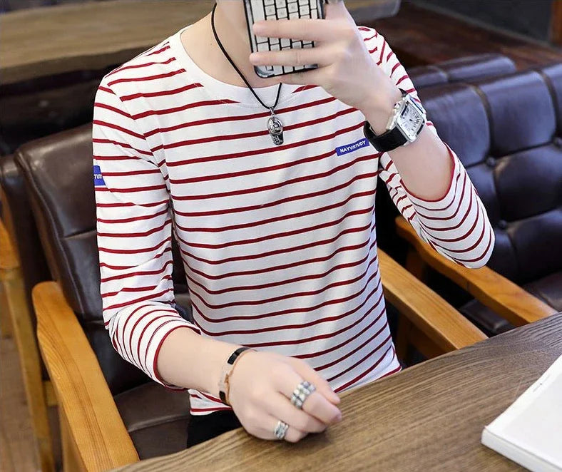 T Shirts for Men Stripe Tops Red Cotton Male Clothes Round Neck Harajuku Fashion Sale High Brand Regular Fit It Full Sleeve Tee