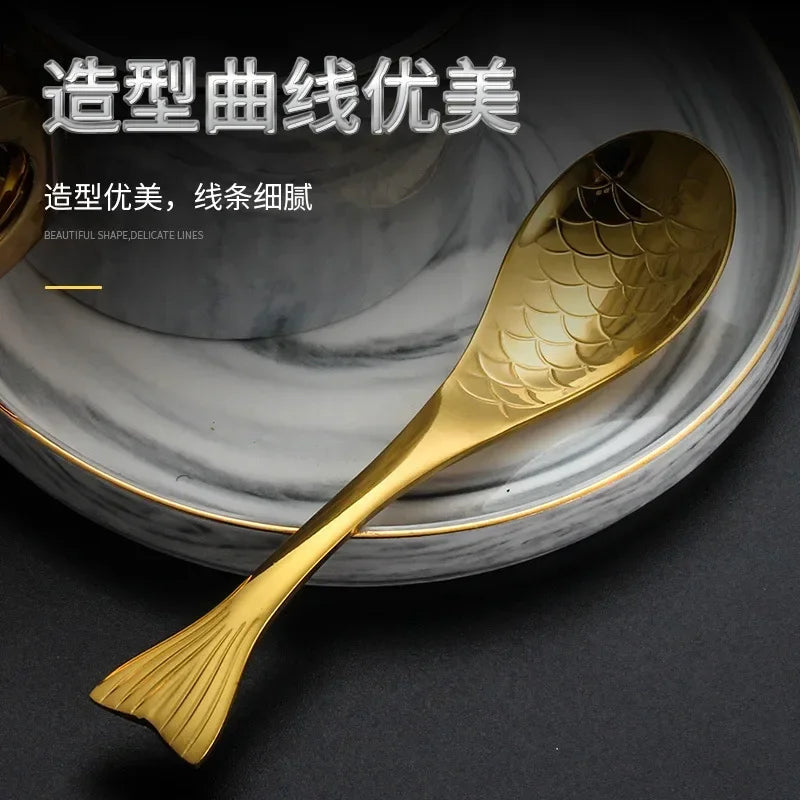 304 stainless steel spoon spoon creative fish-shaped cartoon fish spoon dessert spoon rice spoon gold-plated  stirring spoons