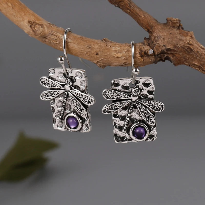 Amethyst Drop Earrings Boho Dragonfly Dangle Earrings For Women Unique Artisan Handmade Jewelry