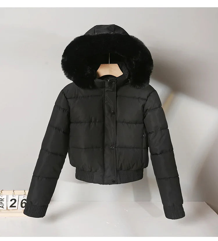 2024 Quilted Hooded Down Jacket Women's Winter Thick Cotton Coat Warm Bakery Coats Big Fur Collar Loose Cotton Coat