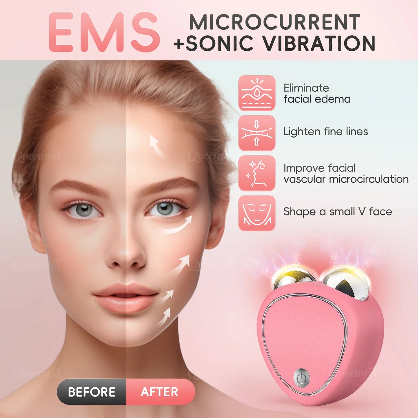 Microcurrent EMS Face Lifting Roller Facial Massager Skin Tightening Rejuvenation Anti-Wrinkle Rechargeable Device Beauty Tool