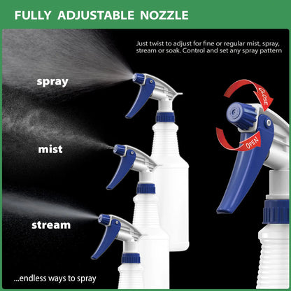 Plastic Spray Bottles, Leak Proof, Empty 16 oz.Cleaning Solutions, Adjustable Head Sprayer Fine to Stream