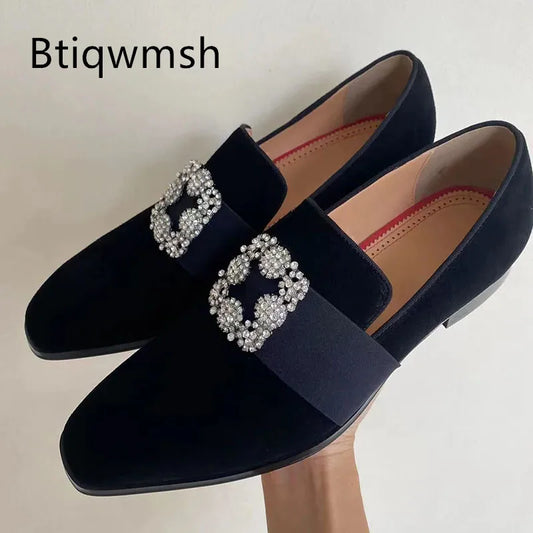 Silver Rhinestone Shoes Man Pointed Toe Black Real Suede Flats Male Fashion Wedding Shoes