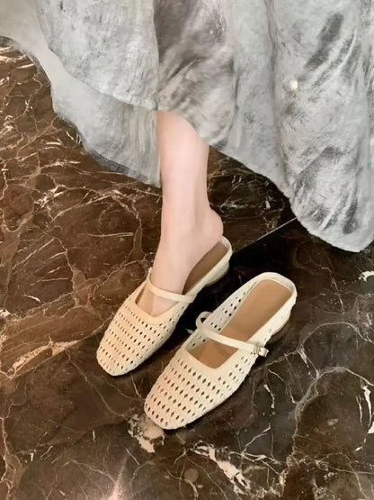 Fashionable slippers, women's hollow toe half-slippers, 2025 summer new square-toed low-heel comfortable women's shoes
