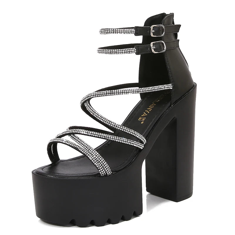 Car Model Catwalk Banquet Performance Women's Shoes 16 Cm Waterproof Pole Dance Crystal 15CM High Heel Chunky Sandals