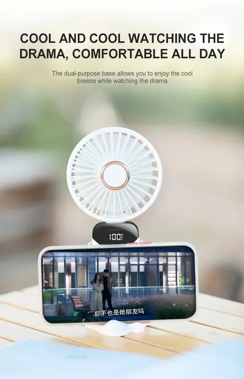 Handheld Neck Hanging USB Mini Fan Foldable Portable 5 Speed Rechargeable Fan With Phone Stand And LED Display Screen