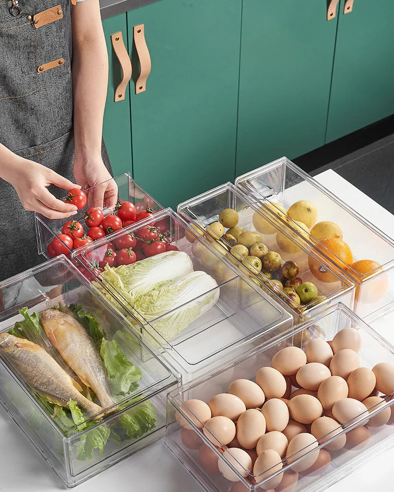 Kitchen Refrigerator Storage Box Fruit Vegatable Meat Fish Food Drawer Organizer Fresh-keeping Stackable Bin Stackable Container