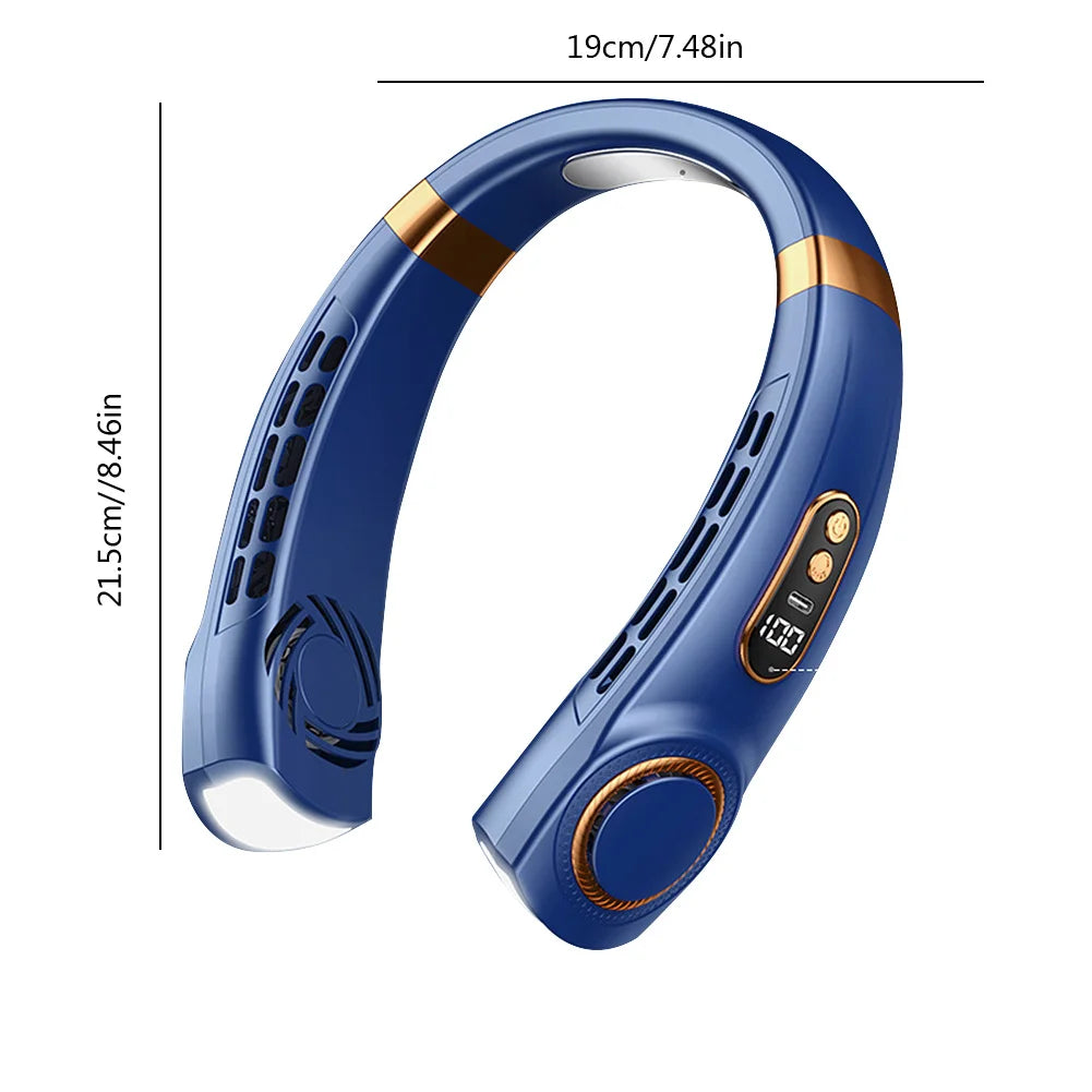 Portable Neck Fan LED Digital Display Hanging Neck Fan Leafless Air Cooler Mute USB Rechargeable Cooler with Atmosphere Light