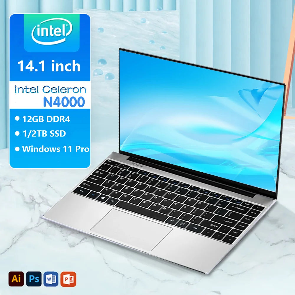 Portable 14.1'' Slim Laptop Gamer  Intel N4000 180°  Windows 11 12GB RAM 512GB 1TB SSD 1920*1080 Office Study Computer PC