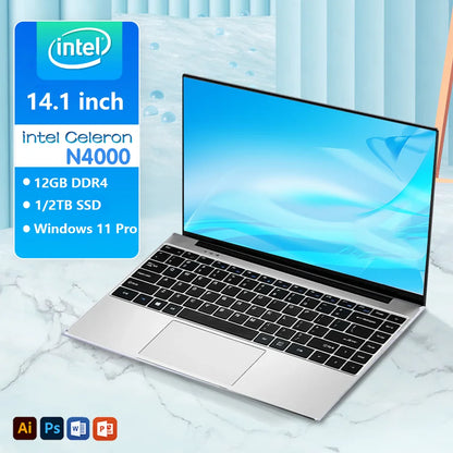 Portable 14.1'' Slim Laptop Gamer  Intel N4000 180°  Windows 11 12GB RAM 512GB 1TB SSD 1920*1080 Office Study Computer PC