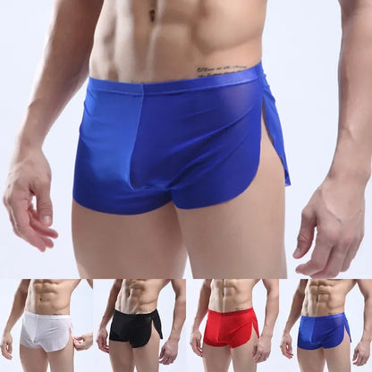 Mens Sexy Underwear Wet Look Lingerie Breathable Pouch Boxer Shorts Side Split Trunks Quick Dry Underpants Ultra Thin Panties