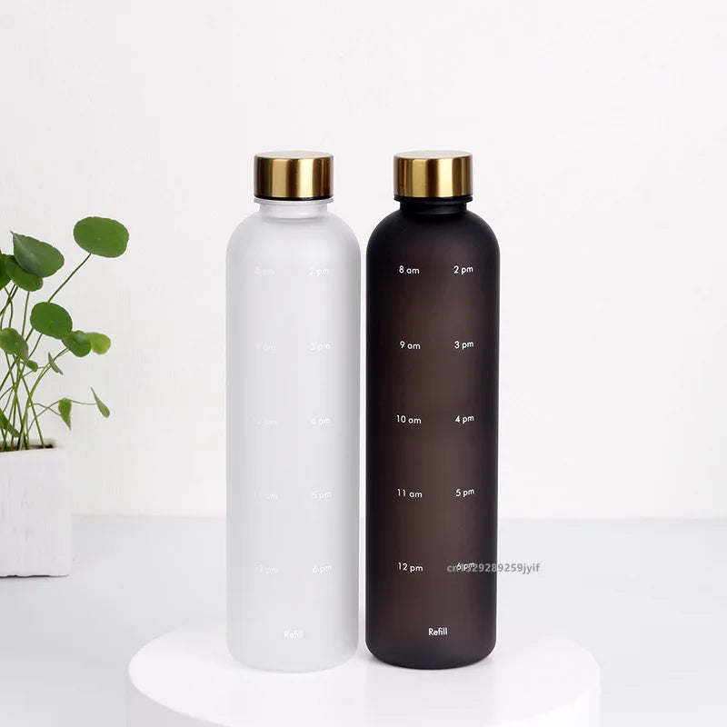 1L Water Bottle With Time Marker 32 OZ Motivational Reusable Fitness Sports Bottles Outdoors Travel Leakproof Frosted Plastic