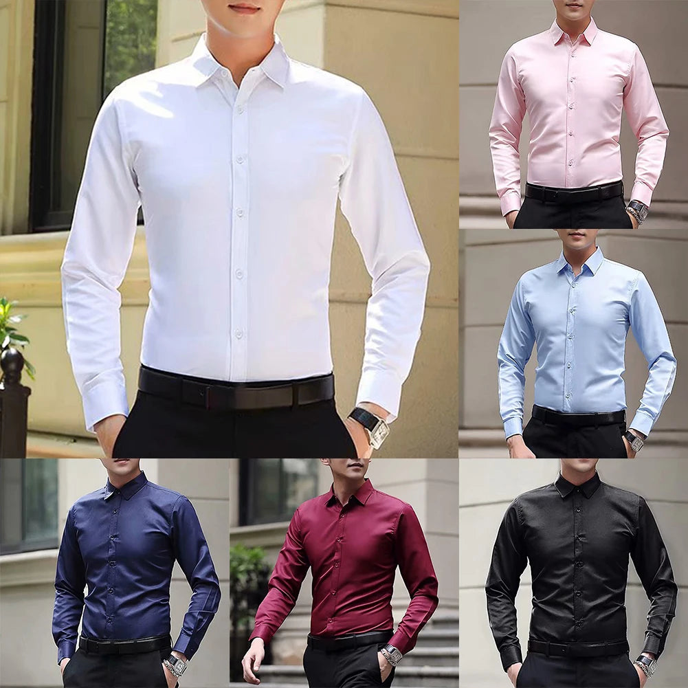 New Men\'s Long Sleeve Drill Button Shirts Tight Business Formal Social Wrinkle Lapel Casual Solid Simple Fashion Male T-shirts