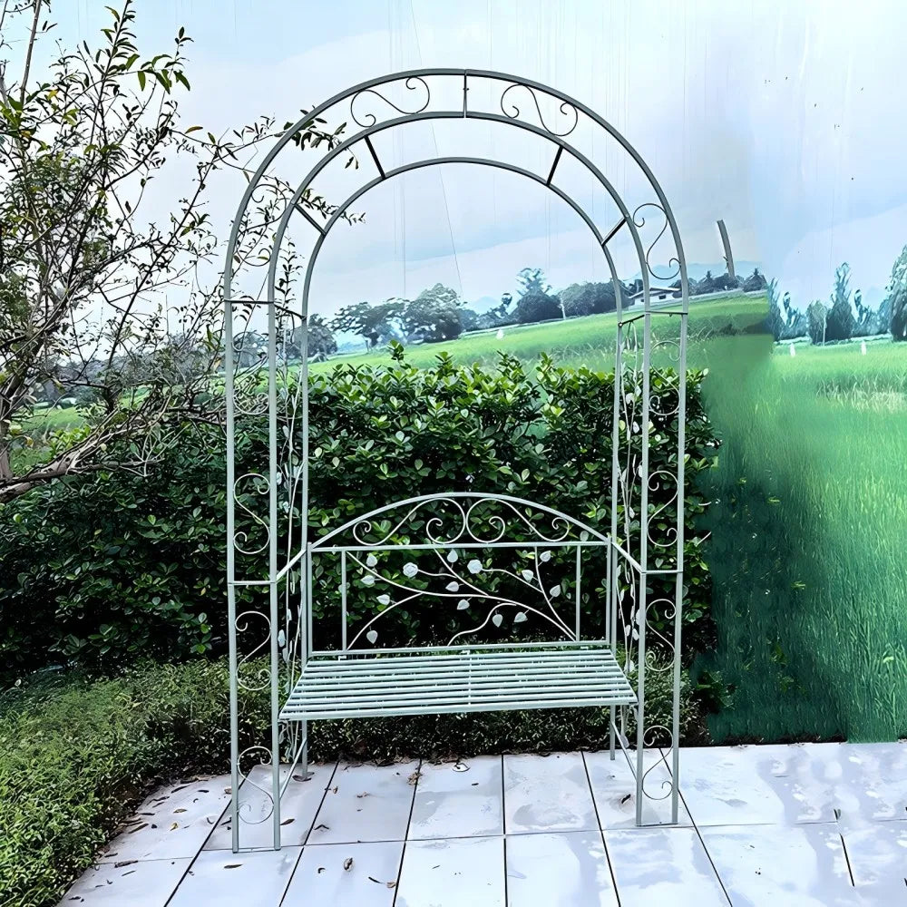 Garden arch bench, decorative wrought iron arch with seat, suitable for climbing plants and outdoor wedding arch