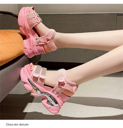 Summer High Platform Women Sandals Buckle 10CM Wedges Bling Shoes Fashion 2023 Outside Chunky Sandals Beach Casual Slides Woman