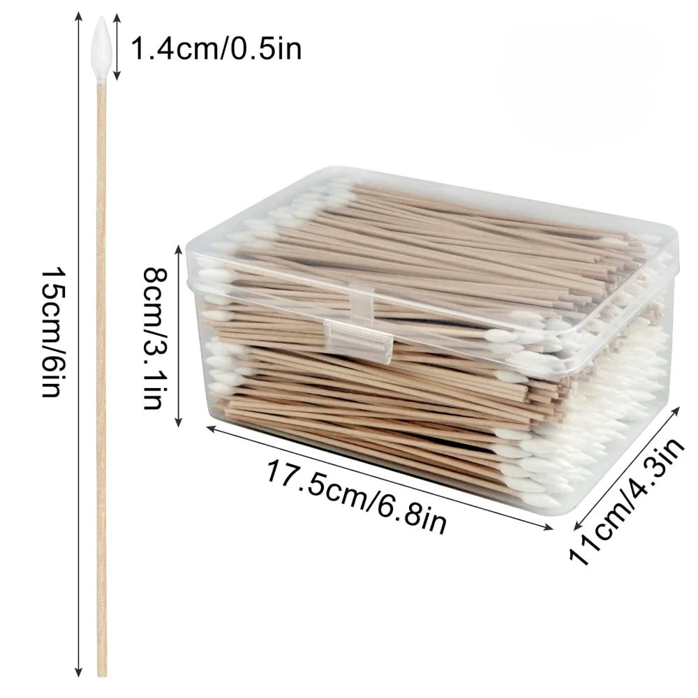 100/300PCS 6 Inch Precision Tips Cotton Swabs - Long Wooden Stick Cotton Buds Pointed Cotton Swabs With Case - Cotton